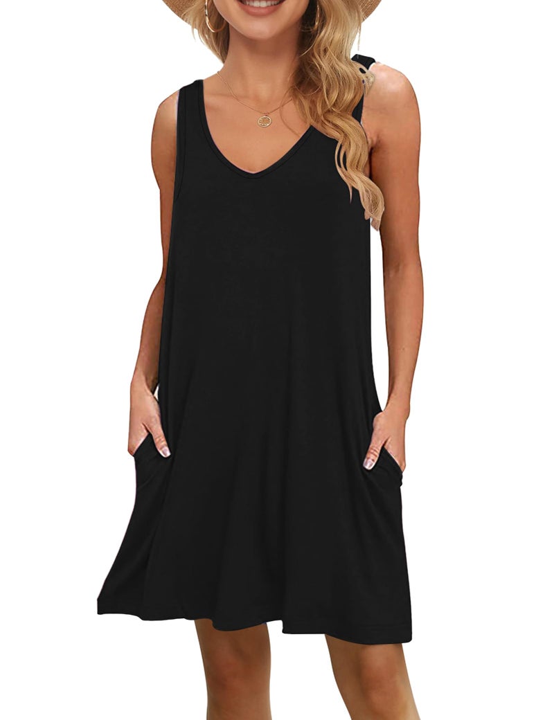 MISFAY Women's Summer Casual T Shirt Dresses Beach Cover up Tank Dress(Black,M) - Image 1
